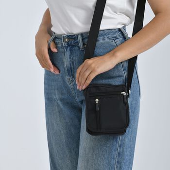 Umh&auml;ngetasche mit mehreren Rei&szlig;verschlussf&auml;chern und RFID-Schutz, 12,5x6x16cm, Schwarz