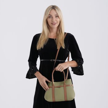 Leder Shopper Set 2 teilig mit Magnetfach und Rei&szlig;verschlussfach 35 x 11 x 20 cm Gr&uuml;n Braun