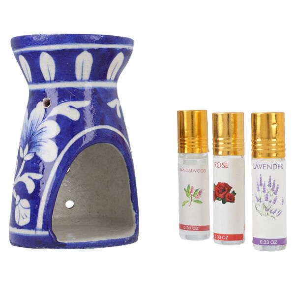 Keramik Duftlampe mit 3 &auml;therischen &Ouml;len, Handbemalt, blau image number 3