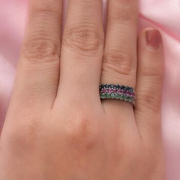 3er Set - Kanchanaburi blauer Saphir, Socoto Smaragd und afrikanischer Rubin-Half-Eternity-Ring in Silberton, 1,02 ct