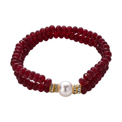 Wei&szlig;e Muschelkernperle (9-11 mm) Armband mit Roter Quarzit, flexibel, Goldfarben