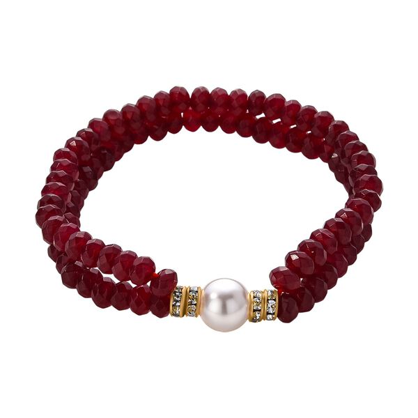 Weiße Muschelkernperle (9-11 mm) Armband mit Roter Quarzit, flexibel, Goldfarben image number 0