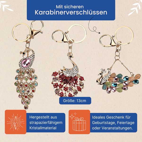 3er-Set - Mehrfarbiger Kristall-Schlüsselanhänger, Pfau image number 2
