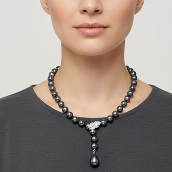 Pfaufarbene 10mm Muschelkernperle und wei&szlig;e Zirkonia 60cm Halskette