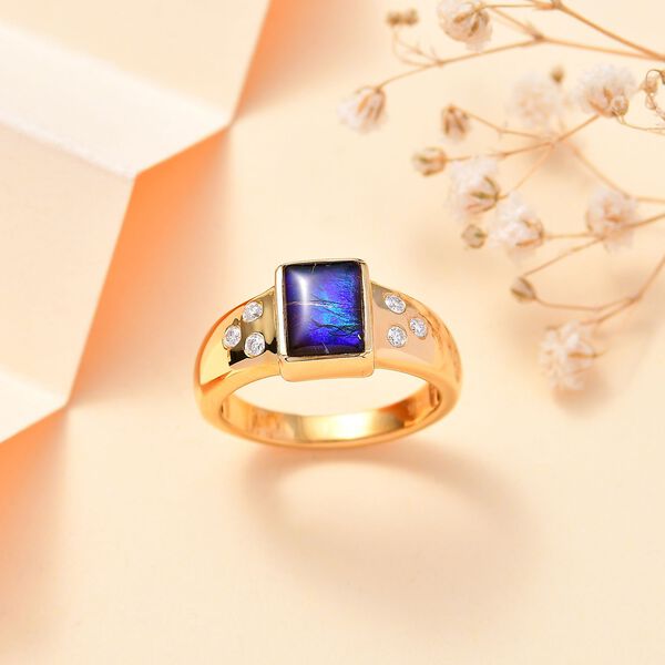 Ammolit, Wei&szlig;er Zirkon Baguetteschliff Ring, 925 Silber, 750 Gelbgold Vermeil (Gr&ouml;&szlig;e 18.00) ca. 1.54 ct image number 2