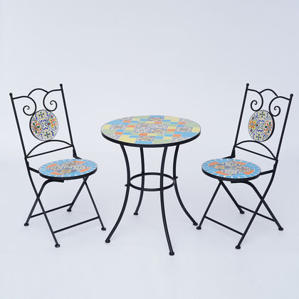 3er-Set Mosaik Tisch und 2 Stühle, Größe T: 60x60x70 cm, S: 39x44x90 cm, Mehrfarbig