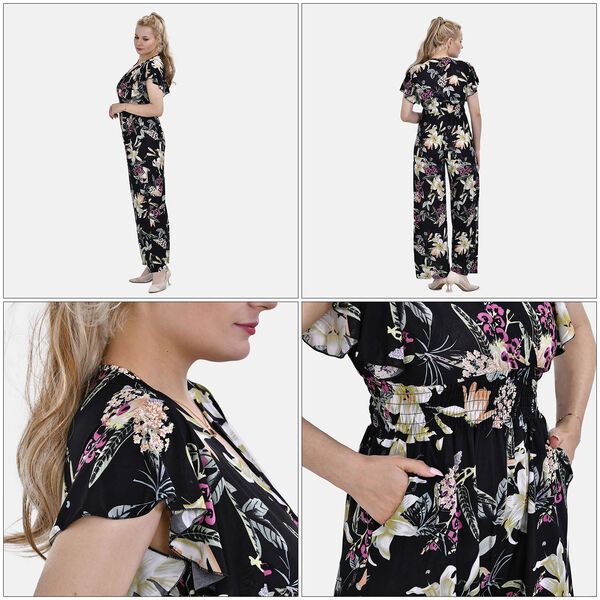 Jumpsuit mit gesmokter Taille und Flatterärmel, schwarz, Blumenmuster image number 5