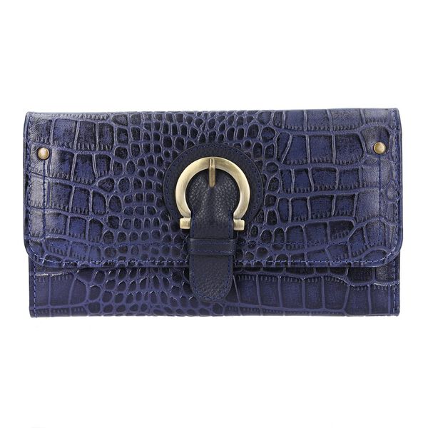 Echtleder Portemonnaie mit Krokoprägung und RFID-Schutz, 19,5x11,45 cm, marine image number 0