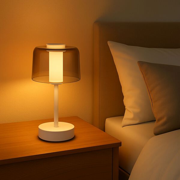 LIVEMORE Transparente Pilz-Tischlampe, kabellos, wiederaufladbar, 3 Lichtfarben, Smart Touch, Weiß image number 2