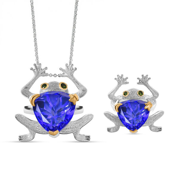 GP Trifono Kollektion- Tansanit-Farbe Quarz, Chromdiopsid und blauer Saphir zweifarbiger Ring und Anh&auml;nger mit 50cm Kette