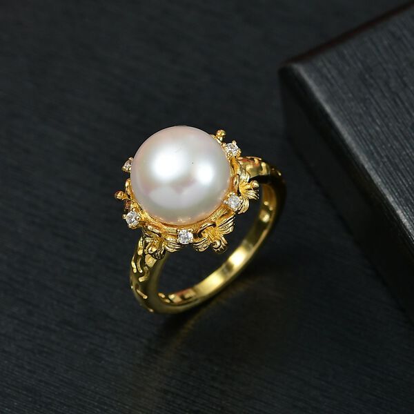 S&uuml;&szlig;wasser Perle, Wei&szlig;er Zirkon Ring, Messing, ca. 9.5 mm, (Gr&ouml;&szlig;e 17.00) image number 2