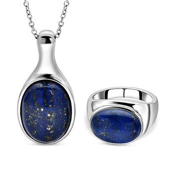 2er- set Lapislazuli-Ring und Anh&auml;nger mit Kette, ca. 50 cm, Edelstahl, ca. 27,00 ct