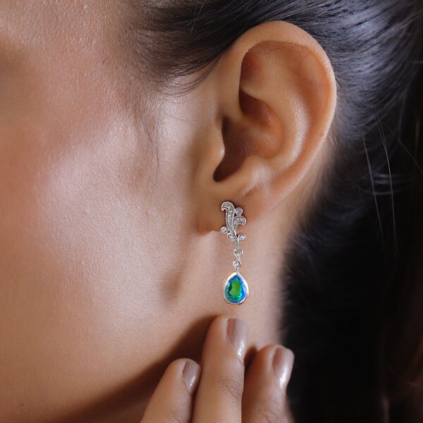 Pfau Triplette Quarz, wei&szlig;er Zirkon Ohrringe 925 Silber Platiniert ca. 3.18 ct image number 3