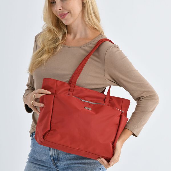 Signature Handtasche, edles Nylon Design mit 3 Rei&szlig;verschluss Taschen und 2 offenen Au&szlig;entaschen, 30x30x10cm, Burgunderrot image number 3