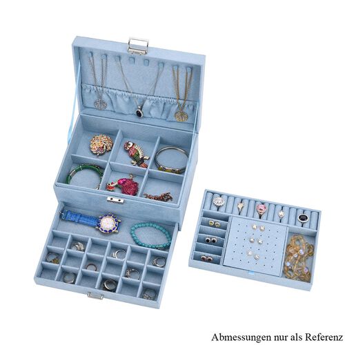 "3 layer Velvet Jewelry box with 5pcs Silver Polish cleaning cloth,  Velvet 3 layer Jewelry box with one drawer, 24.5x17x11.5cm, Material: Velvet+MDF+Alloy Weight: 1081g Color: Blue  5pcs Anti Tarnish Silver Polishing Clean cloth double side usage, size:4 image number 0