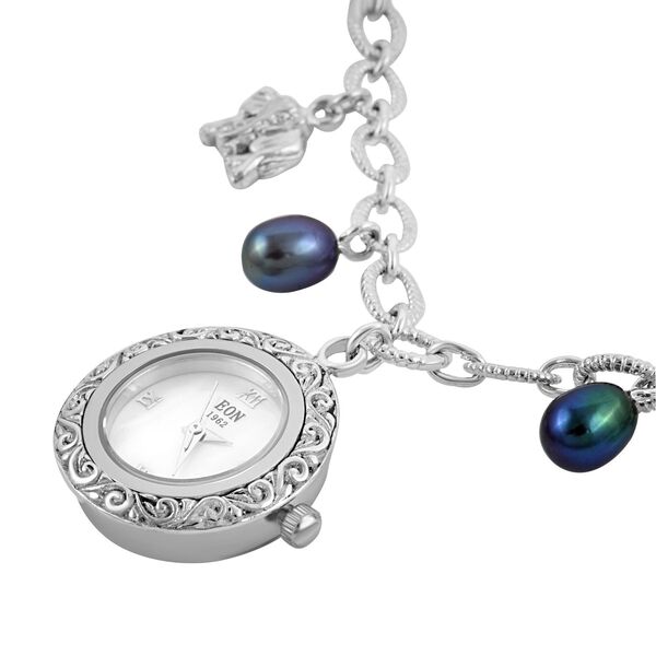 Royal Bali Kollektion- Wei&szlig;e S&uuml;&szlig;wasser Perle und Pfau Perlen-Uhr in Silber, 19 cm, 23g image number 2