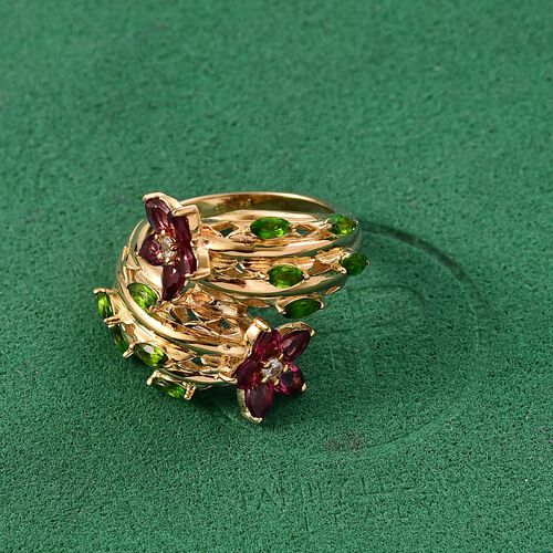 Rhodolith Granat, Natürlicher Chromdiopsid Ring 925 Silber 750 Gelbgold Vermeil (Größe 19.00) ca. 3,24 ct image number 1