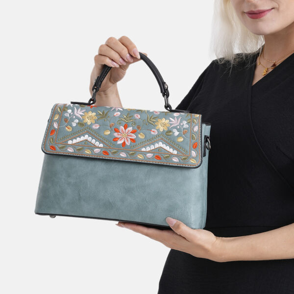 Florale Kunstprint Crossbody-Tasche mit gemustertem Schulterriemen, 29 x 11 x 21 cm, Petrol image number 3