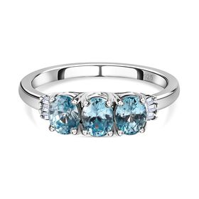 Kambodschanischer, blauer Zirkon, weißer Diamant Ring, 925 Silber platiniert (Größe 20.00) ca. 1.69 ct