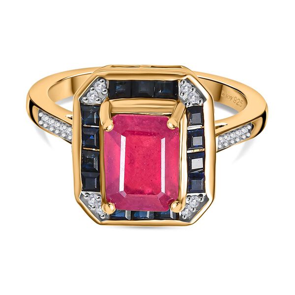 Djoy AA Afrikanischer Rubin (Fissure gef&uuml;llt), Blauer Saphir Ring 925 Silber 750 Gelbgold Vermeil (Gr&ouml;&szlig;e 18.00) ca. 3.15 ct