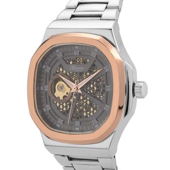 GENOA - Automatikuhr mit Skelett-Design, Edelstahlarmband, 3ATM wasserdicht, Graues Zifferblatt, bicolor, ca. 22 cm