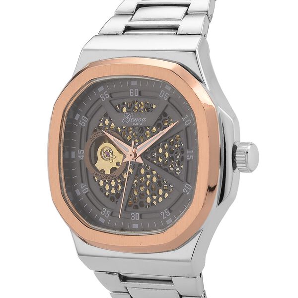 GENOA - Automatikuhr mit Skelett-Design, Edelstahlarmband, 3ATM wasserdicht, Graues Zifferblatt, bicolor, ca. 22 cm image number 3