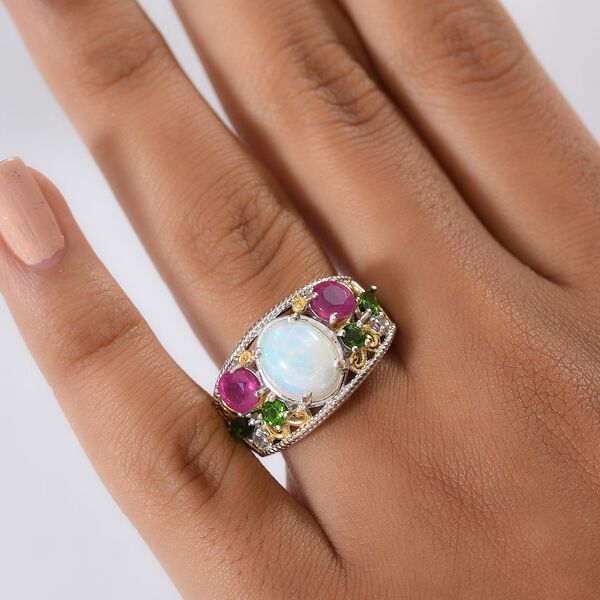 D'Joy AA Nat&uuml;rlicher, &auml;thiopischer Welo Opal, Afrikanischer Rubin (Fissure gef&uuml;llt) Ring 925 Silber Rhodiniert und 750 Gelbgold Vermeil (Gr&ouml;&szlig;e 17.00) ca. 3,87 ct image number 3