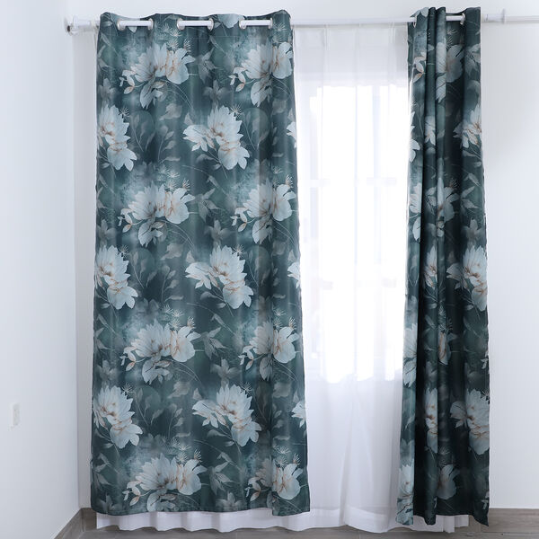 2er-Set - Verdunkelungsvorh&auml;nge mit 8 Metallringen, Blumenmuster, Dunkelgr&uuml;n-Schwarz und Wei&szlig;&nbsp; image number 1