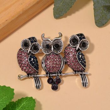 Mehrfarbige Kristall-Eulen-Brosche, antik-silber plattiert