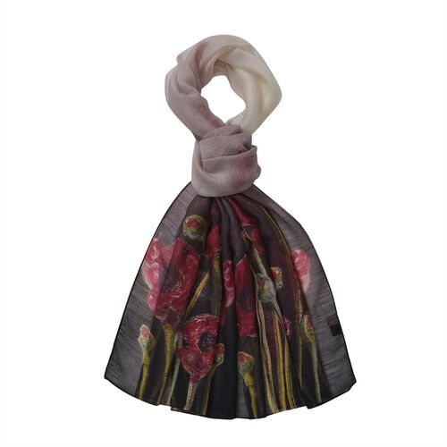 LA MAREY - Luxuriöser Floral-Print Schal, Merinowolle und Maulbeerseide, schwarz image number 0