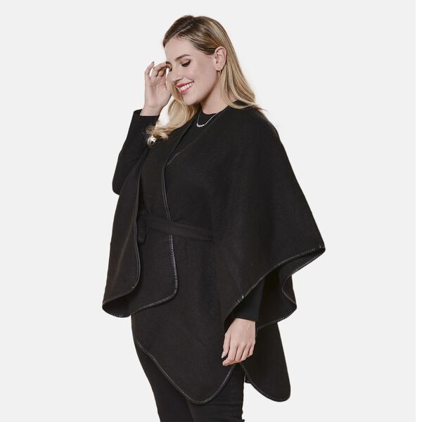 LA MAREY - Warm und Weich, Designer Kimono mit Gürtel, Schwarz image number 2