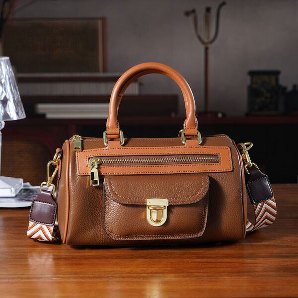 Crossbody Tasche aus 100% echtem Leder mit gemustertem Schulterriemen, 25,5x13x13,5cm, Kaffee image number 2