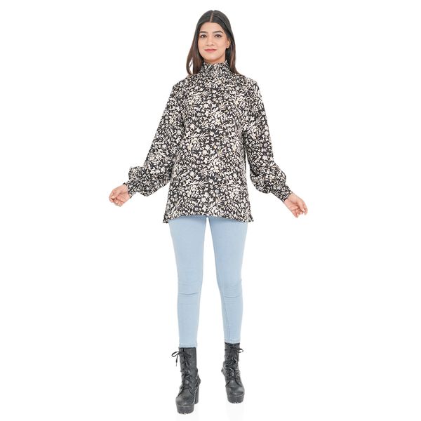 TAMSY - Damen Bluse mit Blatt- und Blumenmuster, Gr&ouml;&szlig;e 42, Schwarz