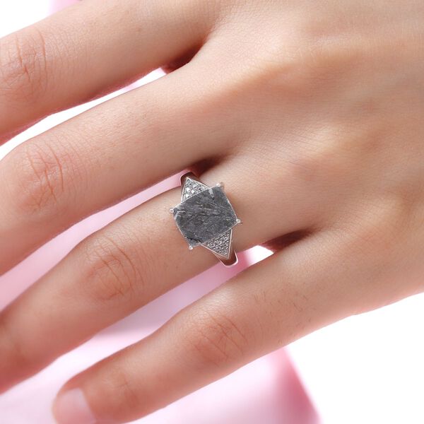 Meteorit und wei&szlig;er Zirkon-Ring, 925 Silber platiniert (Gr&ouml;&szlig;e 17.00) ca. 7.68 ct image number 3