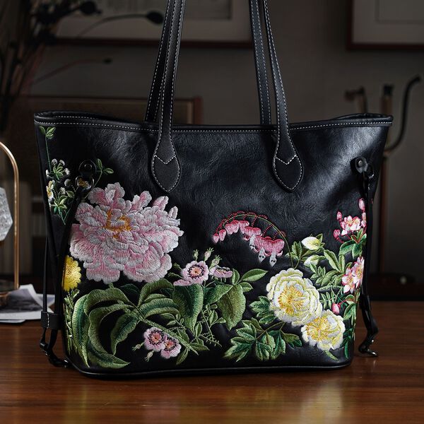 Bestickter Shopper, Kunstleder, Blumen Design, 46 x 15 x 28 cm, Schwarz image number 8