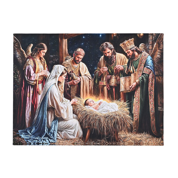 LED-Leinwandbild heilige Familie in der Krippe, mit 30 Lichtfasern, 30x40x1,8cm