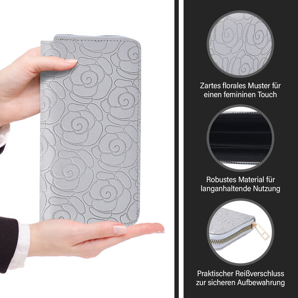 Lange Brieftasche aus naturfreundlichem Kunstleder, 19x2.5x10cm, florales Muster, silber image number 2