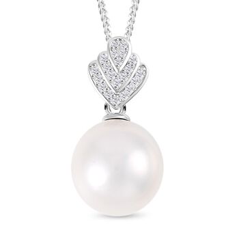 Wei&szlig;e Edison Perle, wei&szlig;er Zirkon Anh&auml;nger mit Kette, (13-14mm), 925 Silber rhodiniert, ca. 0.21 ct