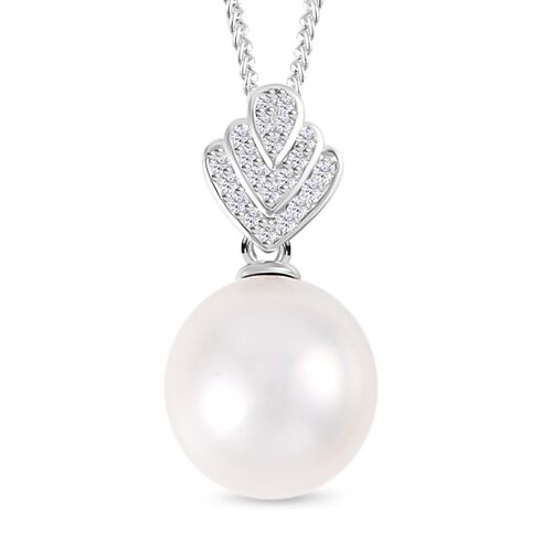 13-14 mm weiße Edison-Perle und Zirkon-Anhänger mit Kette, 45 cm - 0,21 ct. image number 0