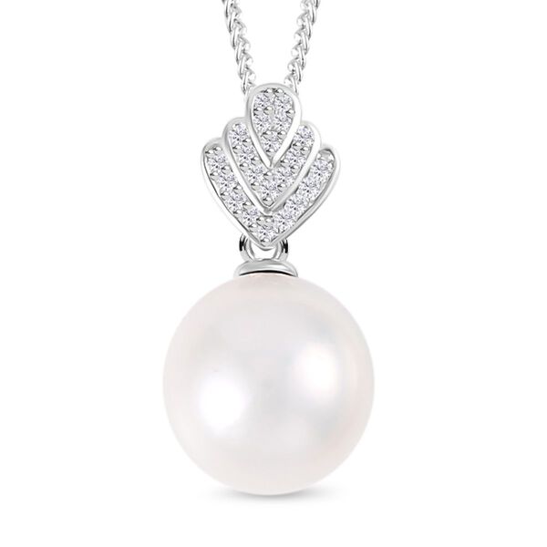 13-14 mm wei&szlig;e Edison-Perle und Zirkon-Anh&auml;nger mit Kette, 45 cm - 0,21 ct.