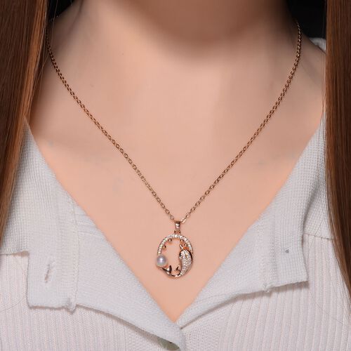 Weißer Süßwasserperle und Zirkonia-Anhänger mit 50+7cm Kette in Roségoldton image number 1