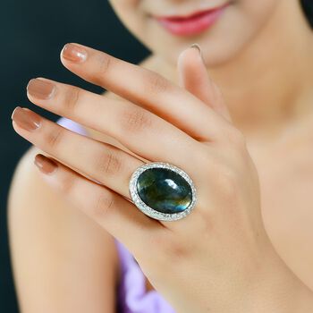 Labradorit-Ring, 925 Silber platiniert (Gr&ouml;&szlig;e 19.00) ca. 24.63 ct