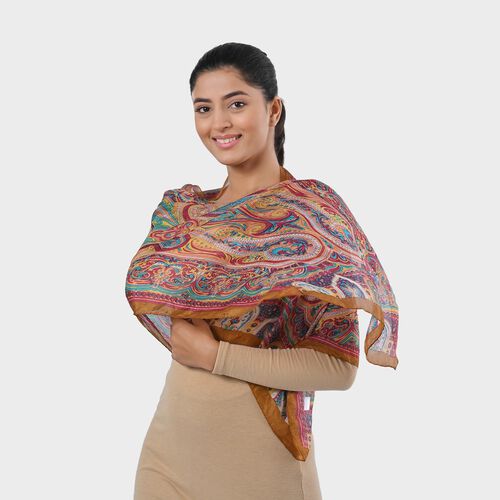 "Fabric - 100% Silk Printed Scarf Color - Brown Size- 160 x 49 CM" image number 1