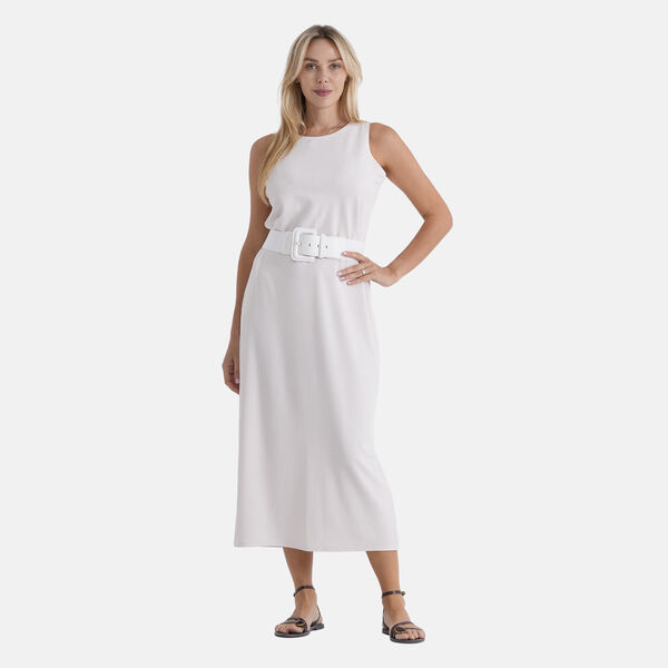LA MAREY langes Strickkleid mit Stretchg&uuml;rtel, Einheitsgr&ouml;&szlig;e, passend f&uuml;r EU 36 bis 42, L&auml;nge 132 cm, Wei&szlig;