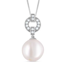 13-14mm weißer Edison-Perle und Zirkon-Anhänger mit Kette - 0,35ct.