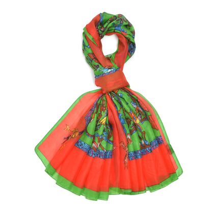 LA MAREY - Chiffonschal aus 100% Mulberry Seide, Gr&ouml;&szlig;e 110x180 cm, Orange und Gr&uuml;n