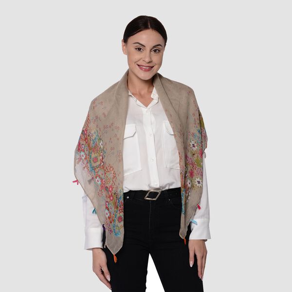 Bedruckter Schal mit Quasten, 100x95 cm, Braun