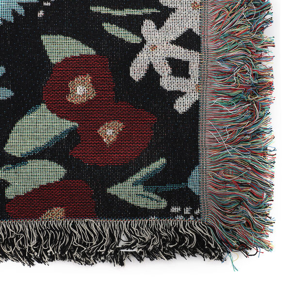 Handgewebte Jacquard-Decke mit Fransen, 100% Baumwolle, Blumenwiese, Schwarz/mehrfarbig image number 5