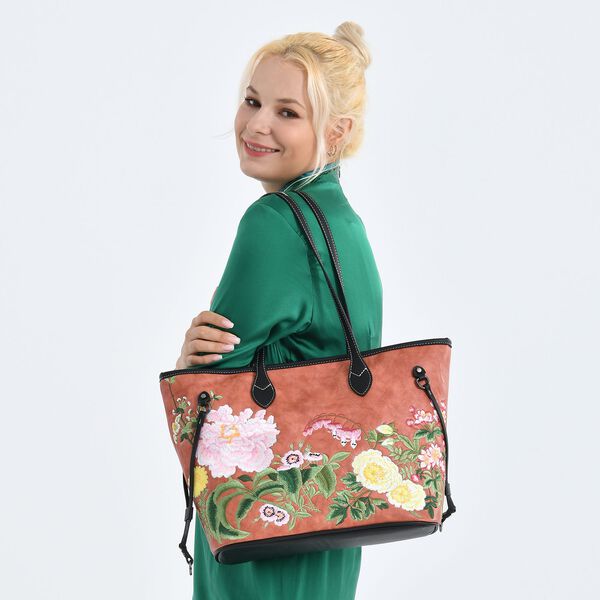 Bestickter Shopper, Blumen-Design, 46x15x28cm, Orange image number 3