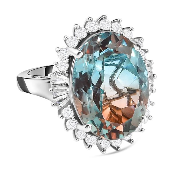 Aqua Terra Costa Quarz Triplett und Zirkon-Halo-Ring, 925 Silber vergoldet, 14,79 ct.